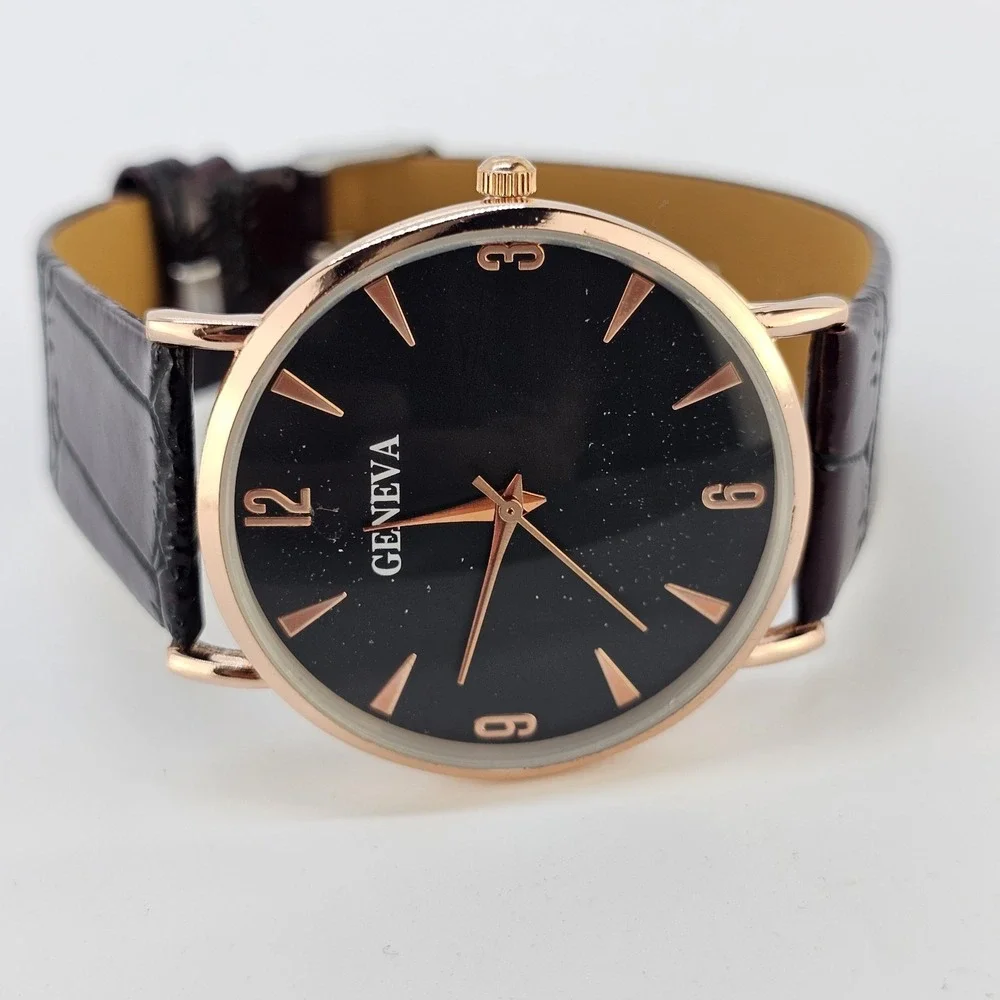 Men's Analog Watch 38MM Black Dial Brown Faux Leather Bands New Battery